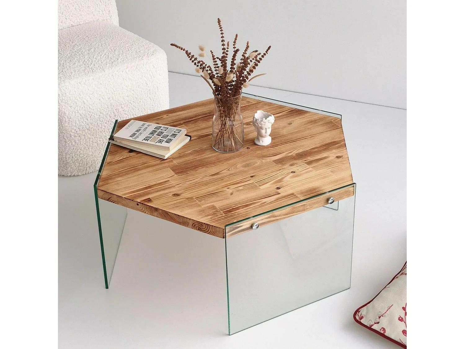 Table basse hexagonale Translucens Verre trempé Transparent et Pin massif Chêne clair