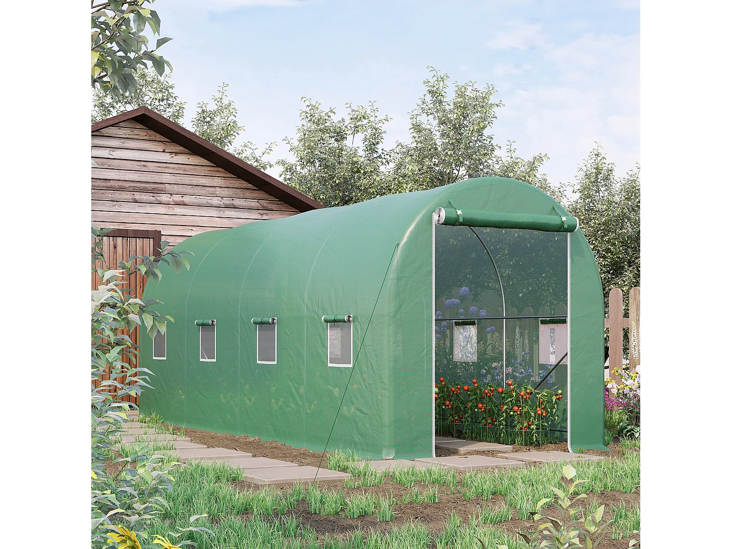 Estufa de Jardim Tipo Túnel 500x200x205 cm com Estrutura de Aço Galvanizado e Cobertura de PE Verde