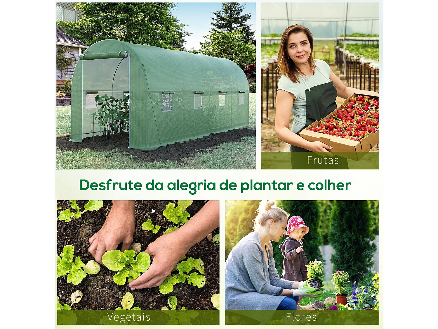 Estufa de Jardim Tipo Túnel 500x200x205 cm com Estrutura de Aço Galvanizado e Cobertura de PE Verde