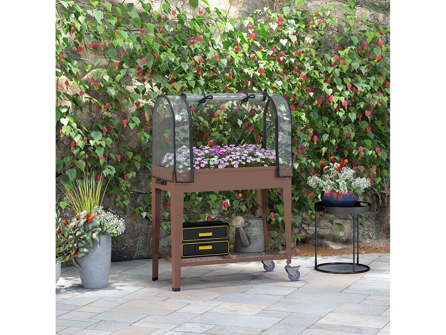 Mesa de Cultivo Elevada com Rodas e Estufa 80x40x120 cm para Horta Urbana - Marróm