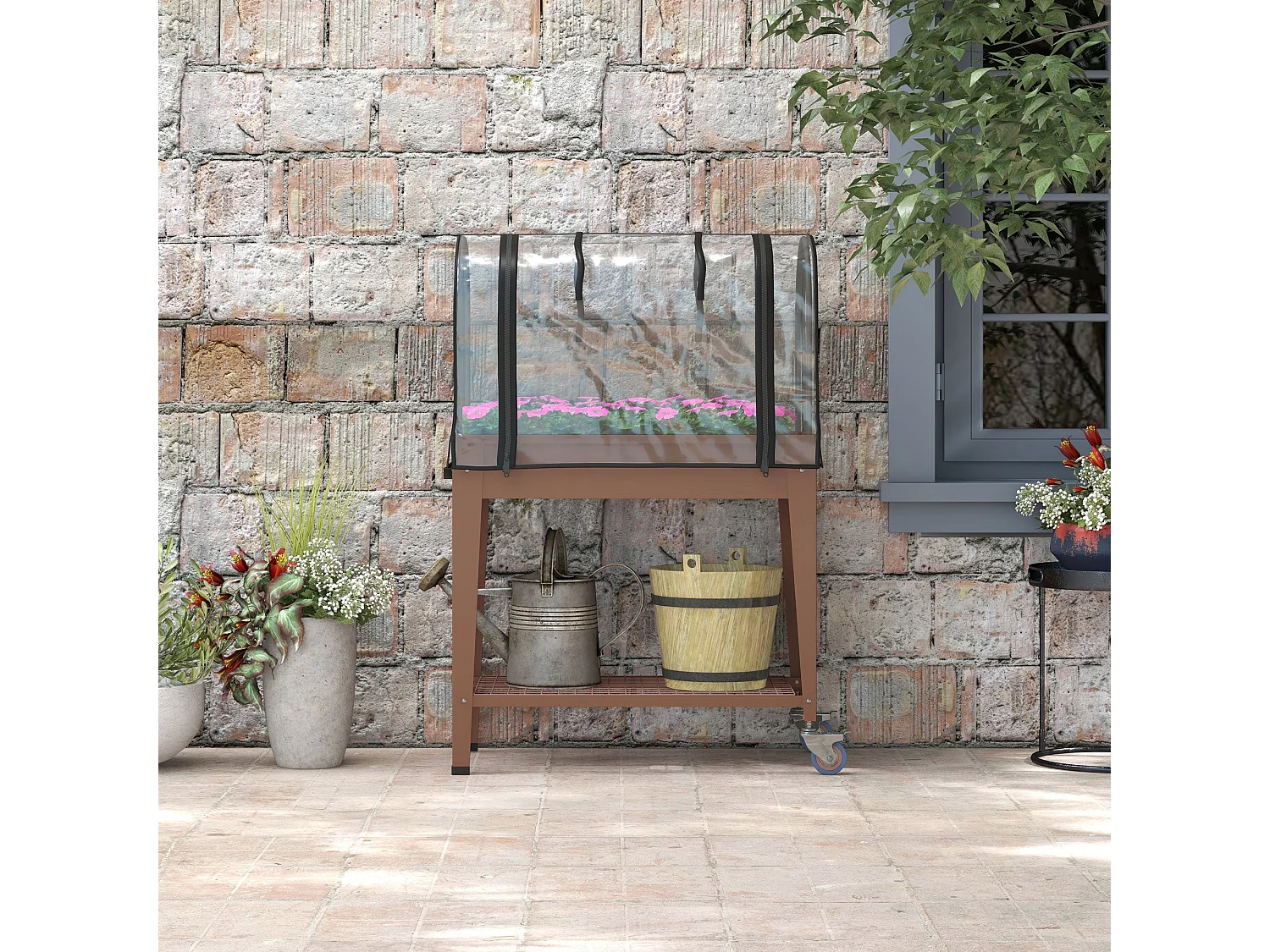 Mesa de Cultivo Elevada com Rodas e Estufa 80x40x120 cm para Horta Urbana - Marróm