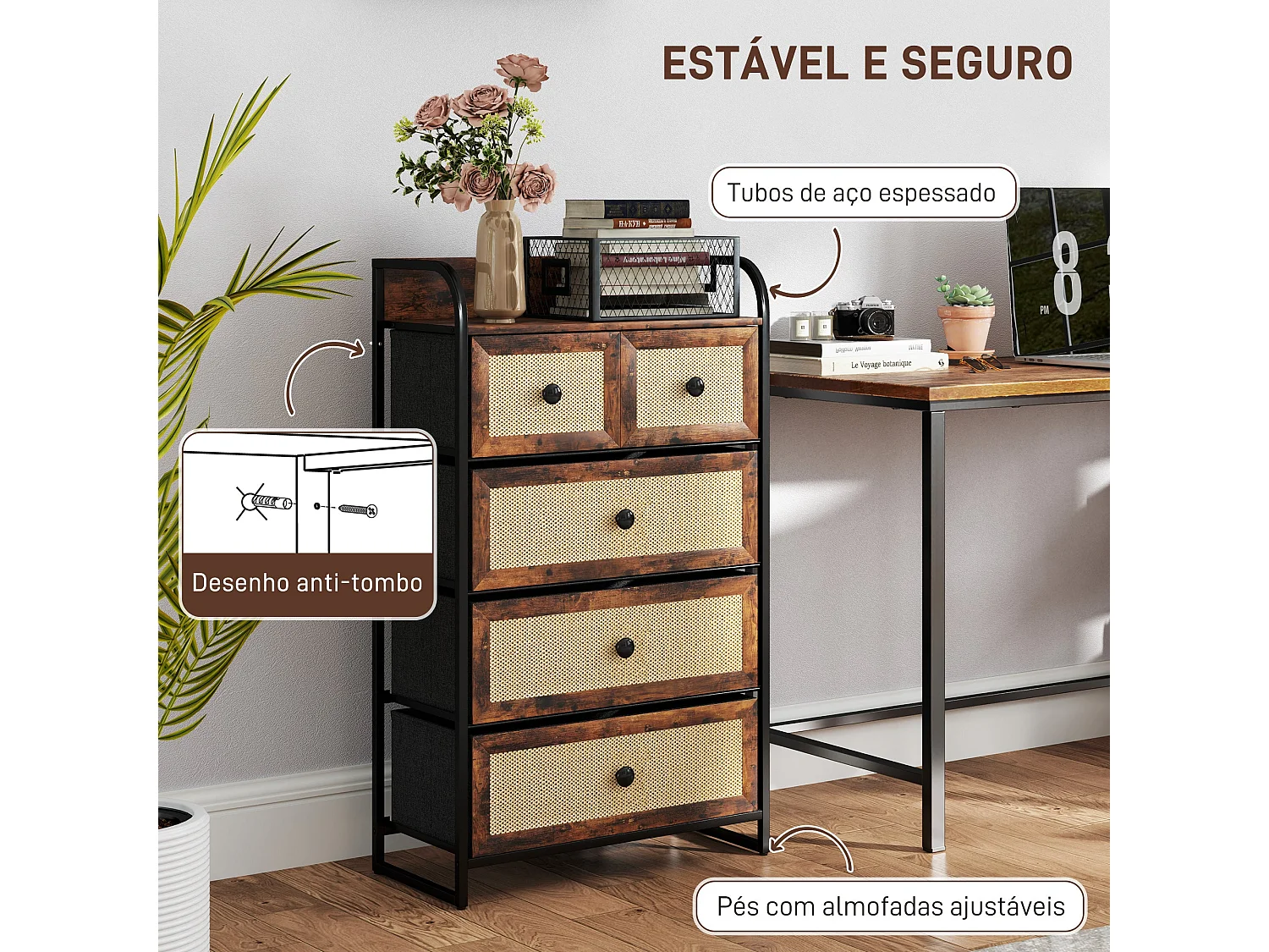 Cómoda Cleo Homcom 3 cajones grandes + 2 cajones pequeños marrón 99x58x29 cm