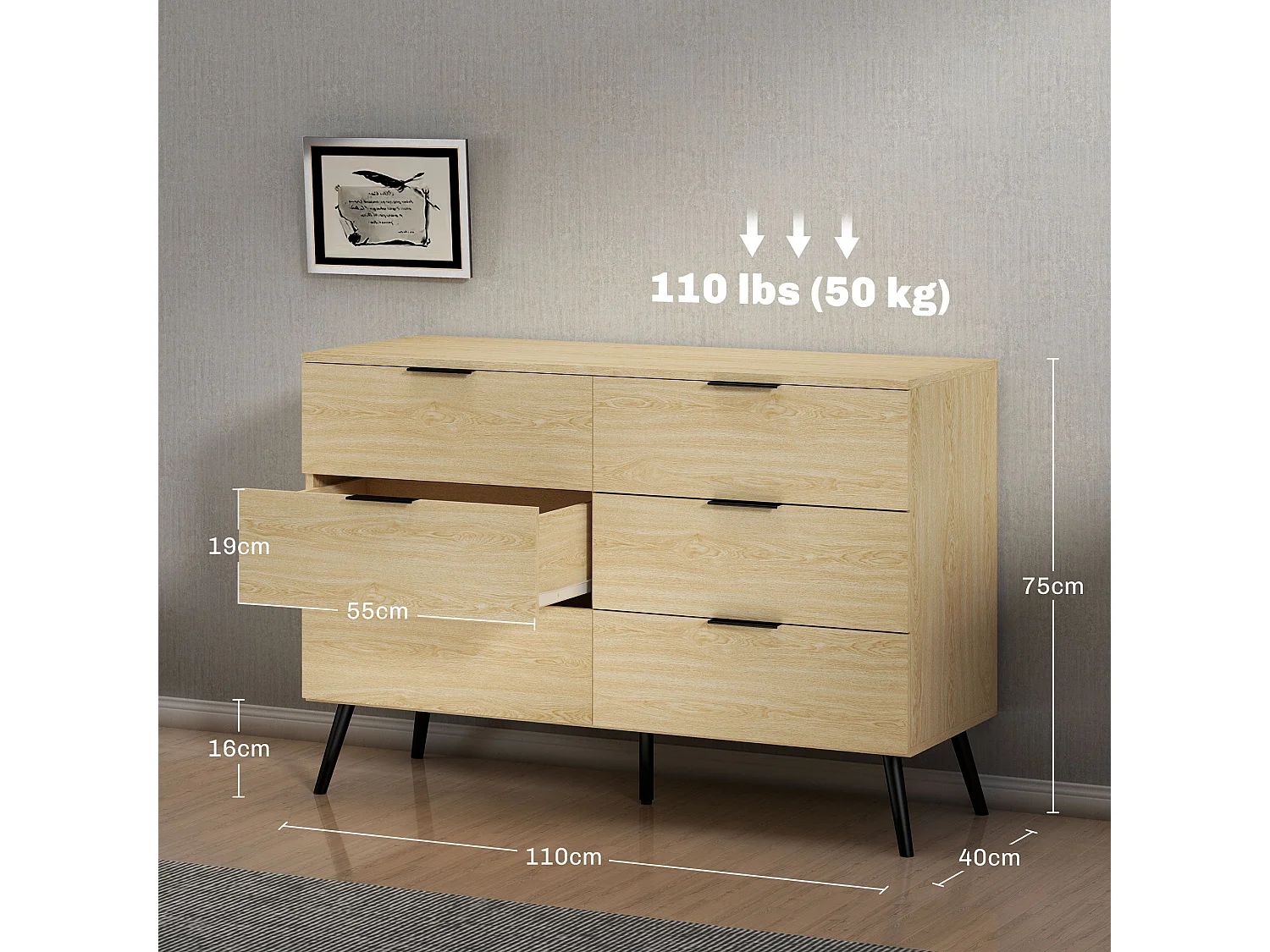 Aparador Jazmín Homcom 6 cajones roble 75x110x40 cm