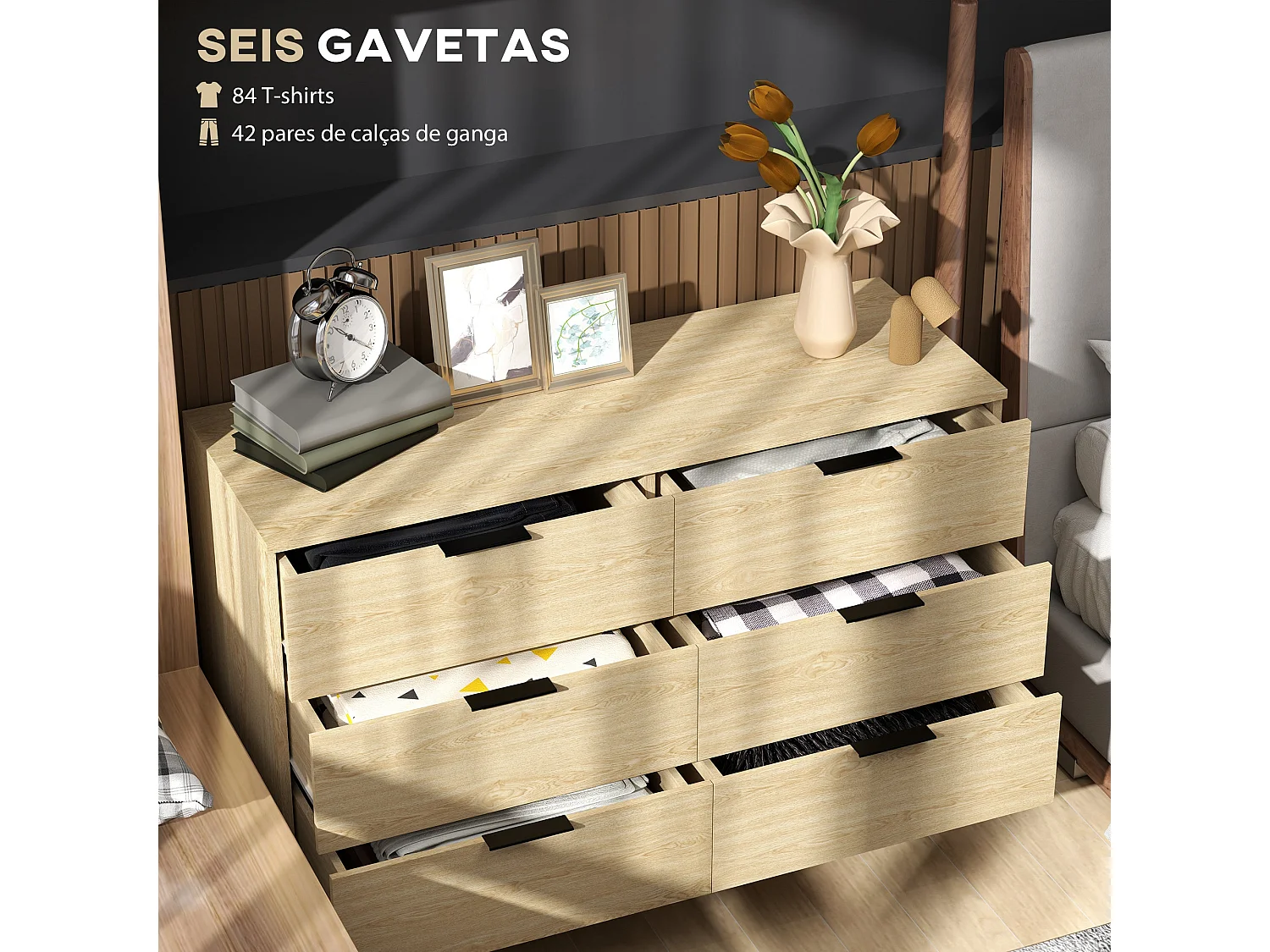 Aparador Jazmín Homcom 6 cajones roble 75x110x40 cm