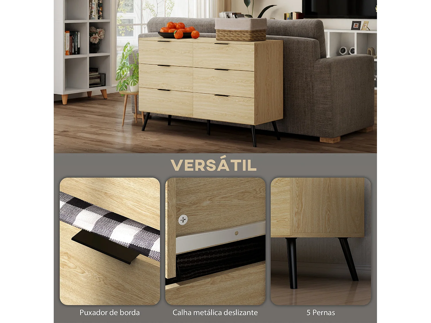 Aparador Jazmín Homcom 6 cajones roble 75x110x40 cm