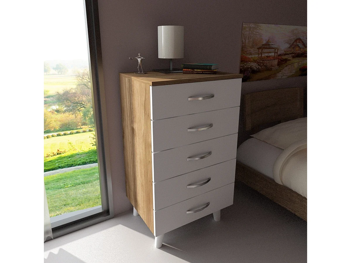 Cómoda Camiseiro "Cemre" com 5 Gavetas em Branco e Nogueira – Design Moderno e Funcional