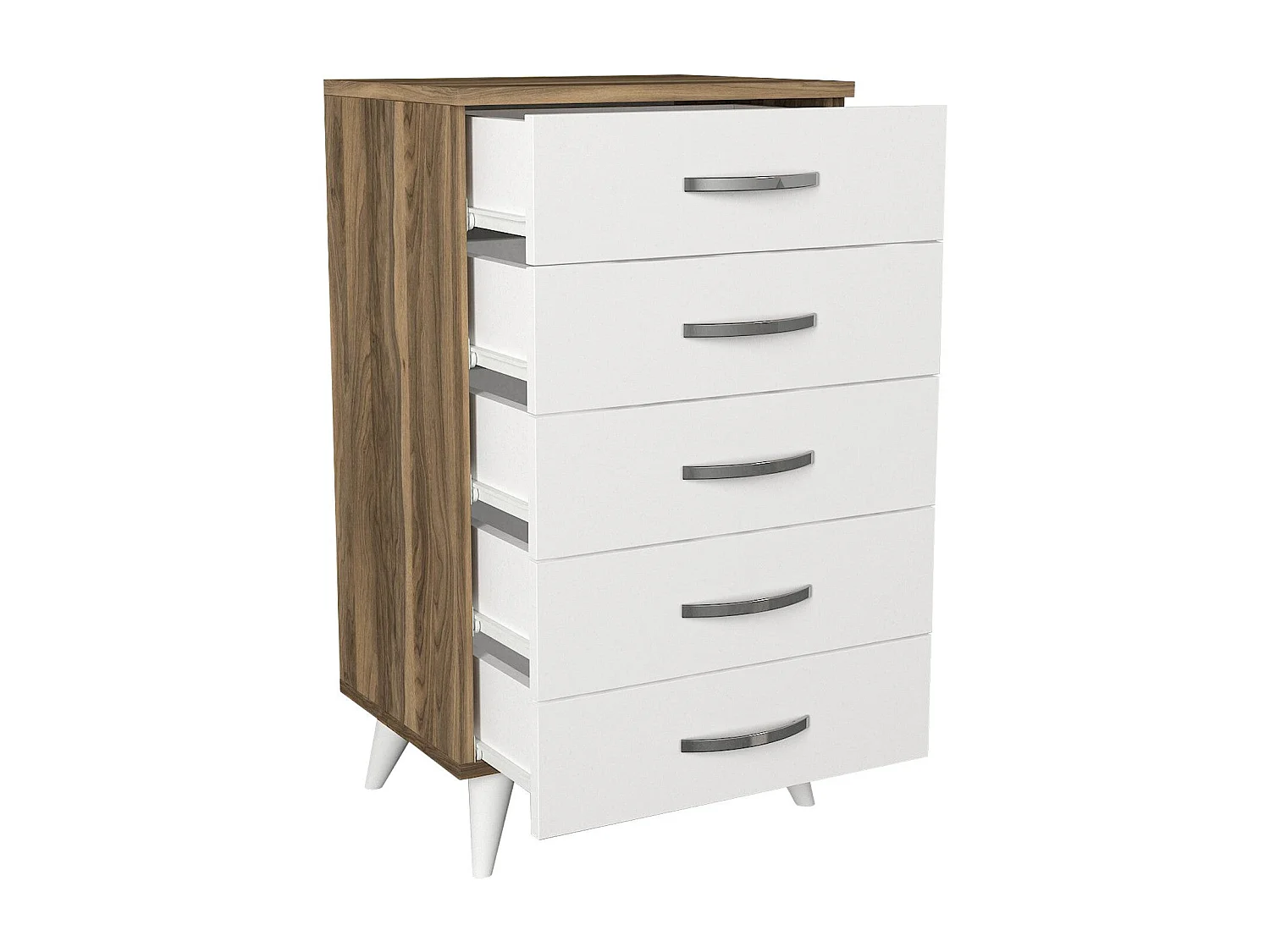 Cómoda Camiseiro "Cemre" com 5 Gavetas em Branco e Nogueira – Design Moderno e Funcional