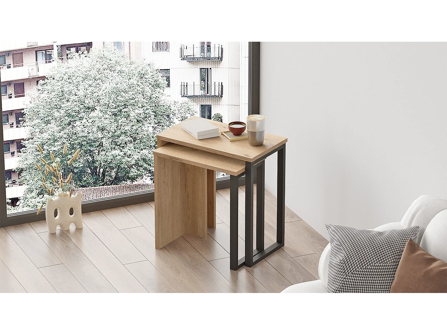 Conjunto de Mesas de Encaixe Elegantes e Funcionais em Nogueira