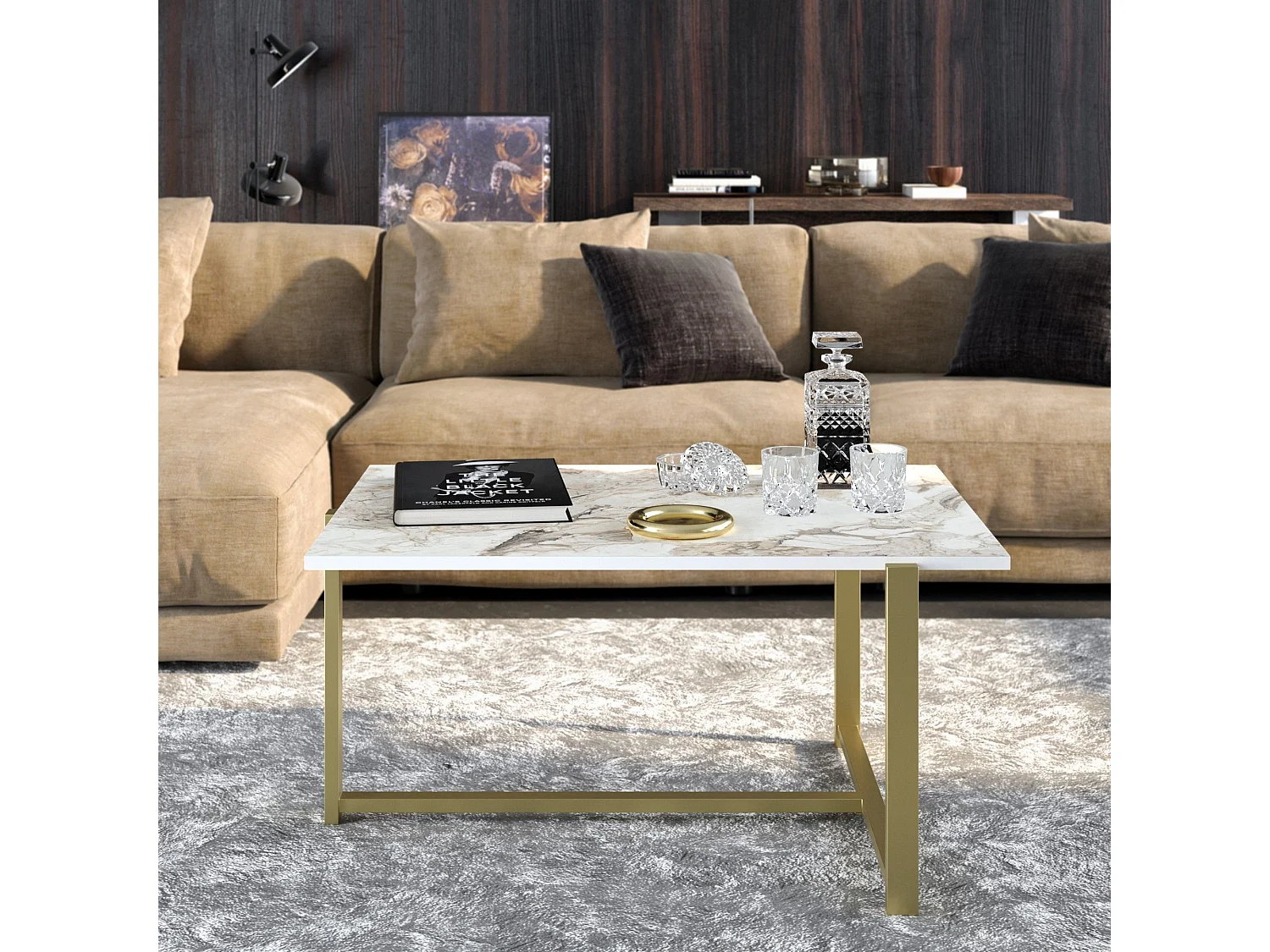 Tavolino da caffè Kailua 1125, Marmo bianco|D'oro, 45x64x92cm, Truciolare laminato