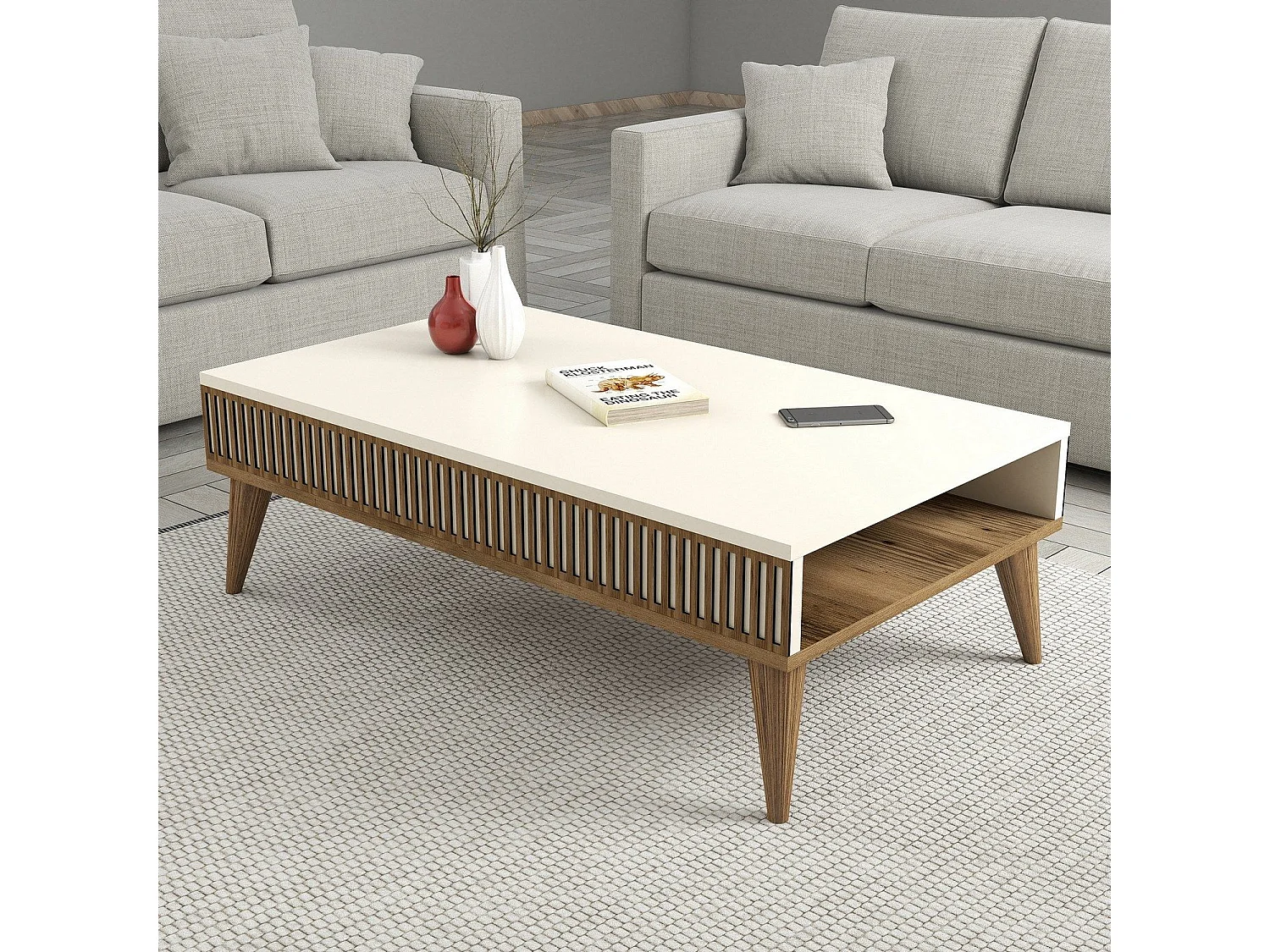 Mesa de Centro Milan em Nogueira e Creme - Elegância e Funcionalidade para sua Sala de Estar