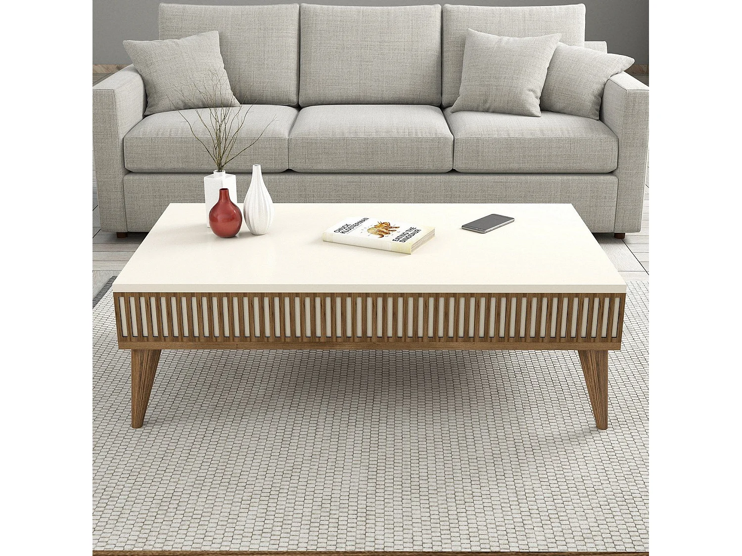 Table basse Yemaya 105x60cm Bois clair et Blanc crème