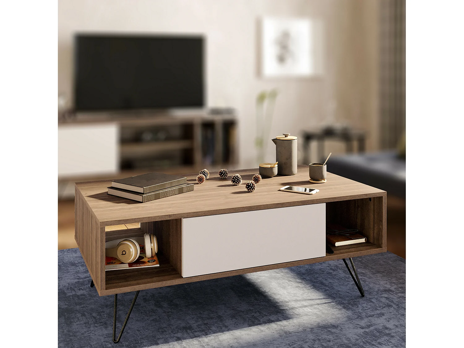 Tavolino da caffè Kailua 1211, Bianco|Noce, 46x60x120cm, Truciolare laminato, Angolare