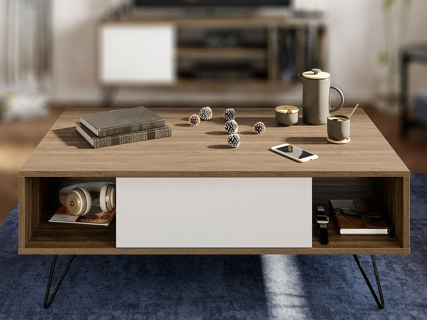 Tavolino da caffè Kailua 1211, Bianco|Noce, 46x60x120cm, Truciolare laminato, Angolare