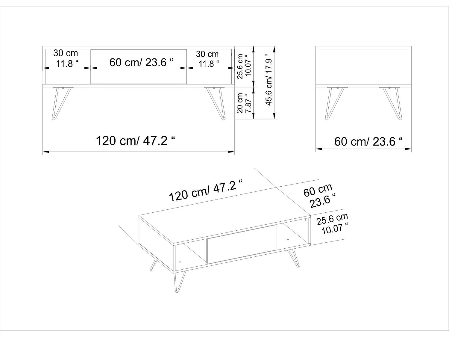 Tavolino da caffè Kailua 1211, Bianco|Noce, 46x60x120cm, Truciolare laminato, Angolare