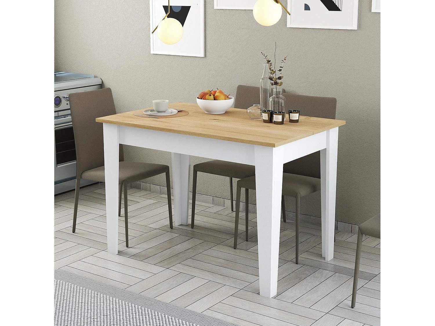 Table de salle à manger avec rangement Fiorita L110cm Blanc et Chêne clair