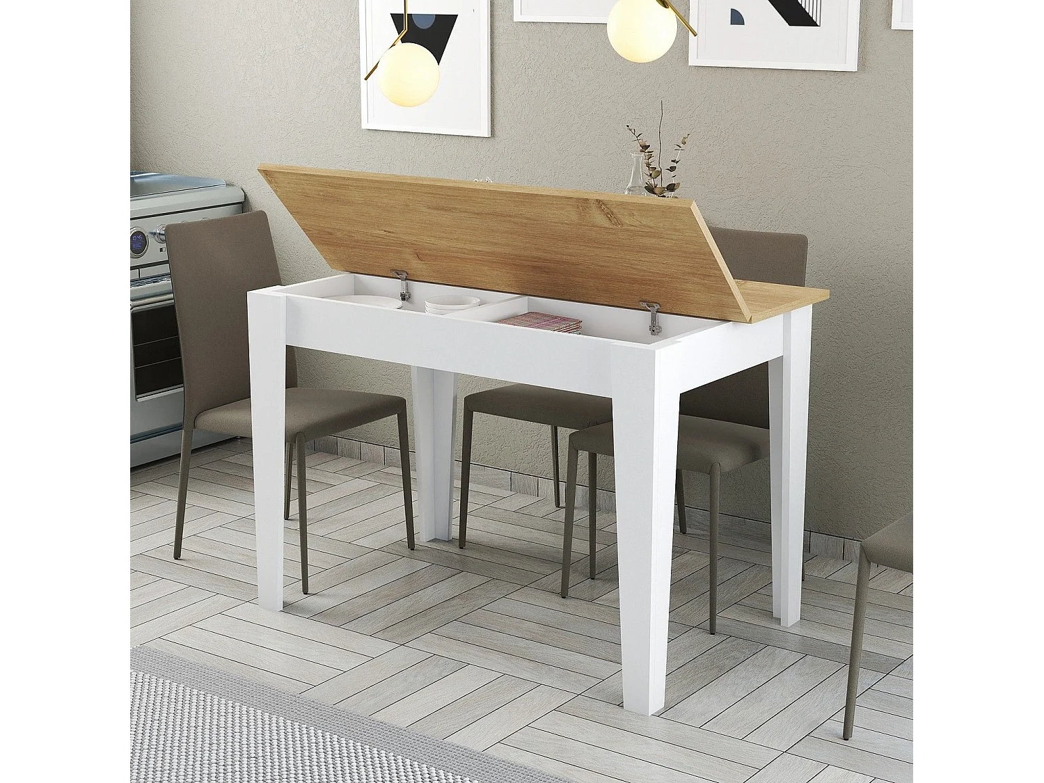 Table de salle à manger avec rangement Fiorita L110cm Blanc et Chêne clair