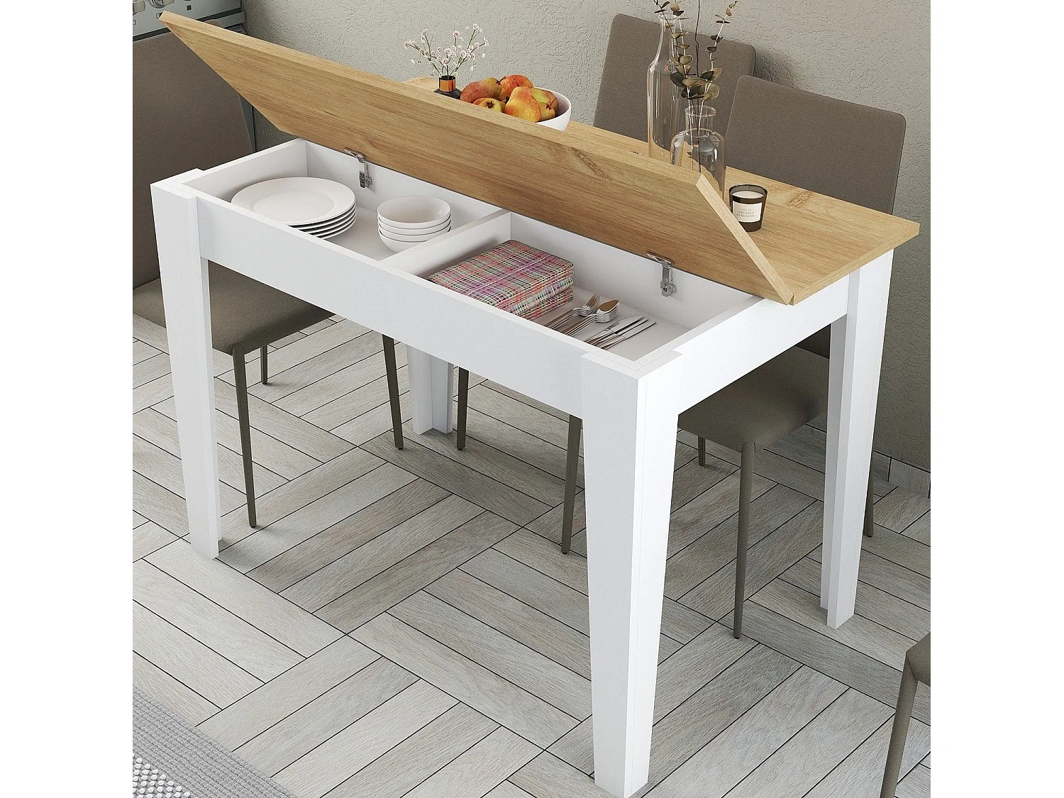 Table de salle à manger avec rangement Fiorita L110cm Blanc et Chêne clair