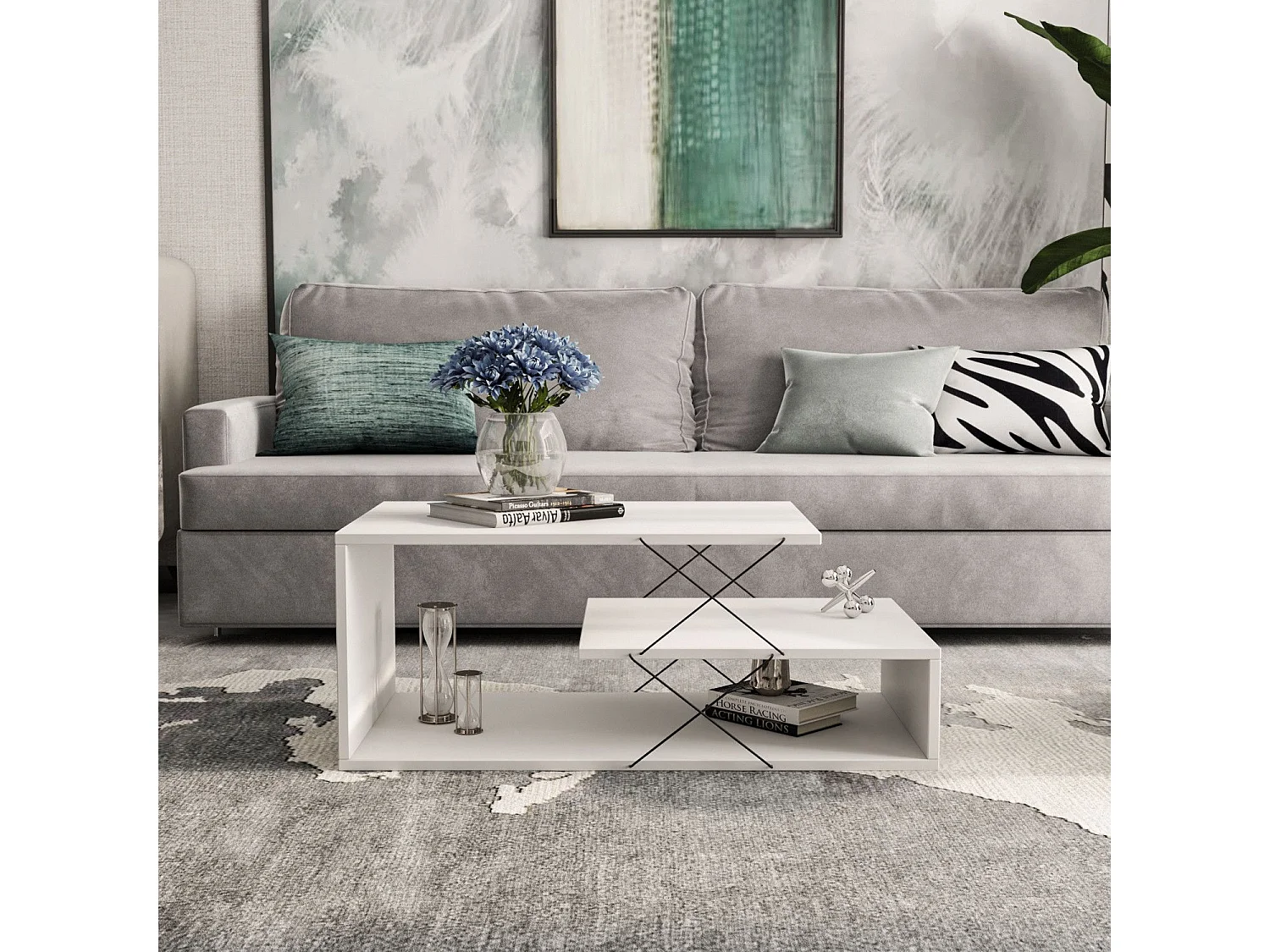 Mesa de café Kailua 1411, Blanco, 40x50x100cm, Aglomerado laminado, Angular