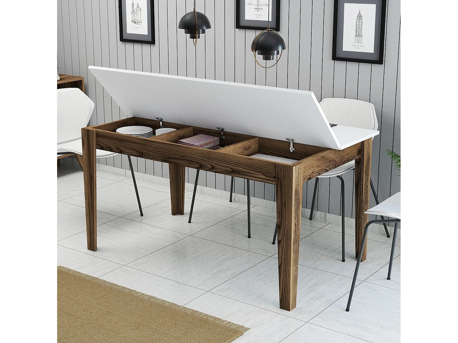 Tavolo Kailua B100, Noce|Bianco, 75x88x145cm, Truciolare laminato