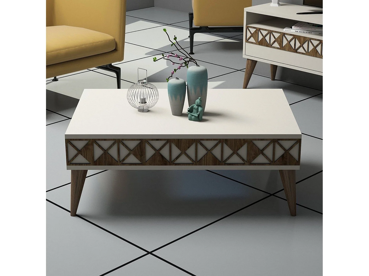 Table basse 1 compartiment Nakach 90x60cm Motif Géométrique Bois Blanc Crème et Marron