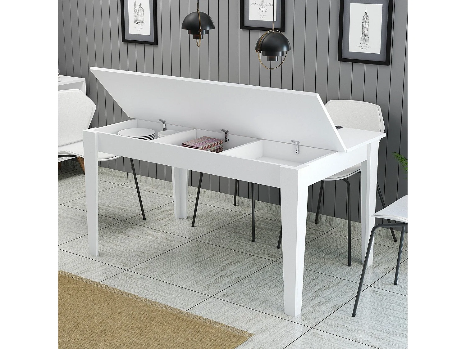 Table de salle à manger avec rangement Kaltes L145cm Blanc