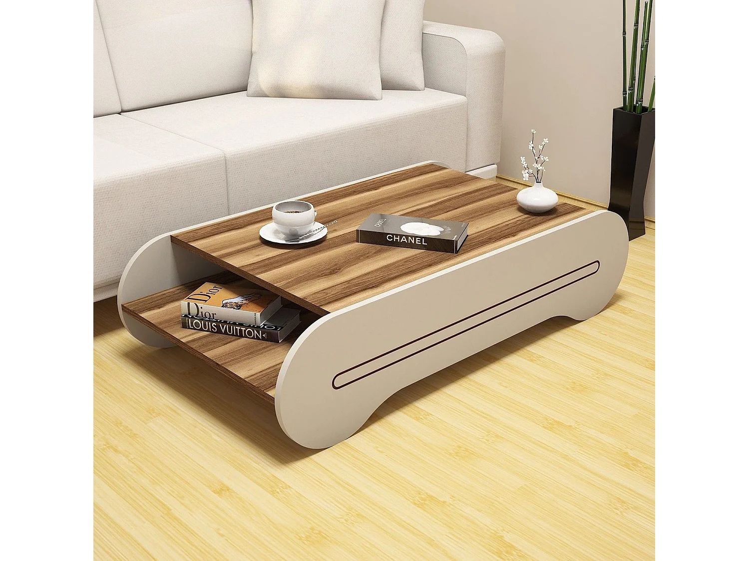 Mesa de Centro Elegante em Nogueira e Creme - Design Sofisticado e Funcional
