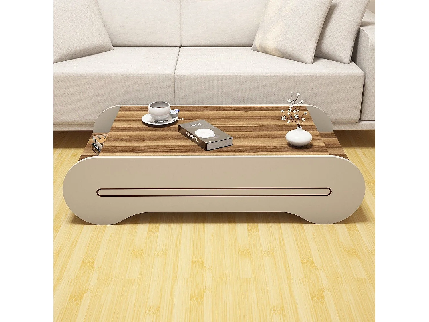 Mesa de Centro Elegante em Nogueira e Creme - Design Sofisticado e Funcional