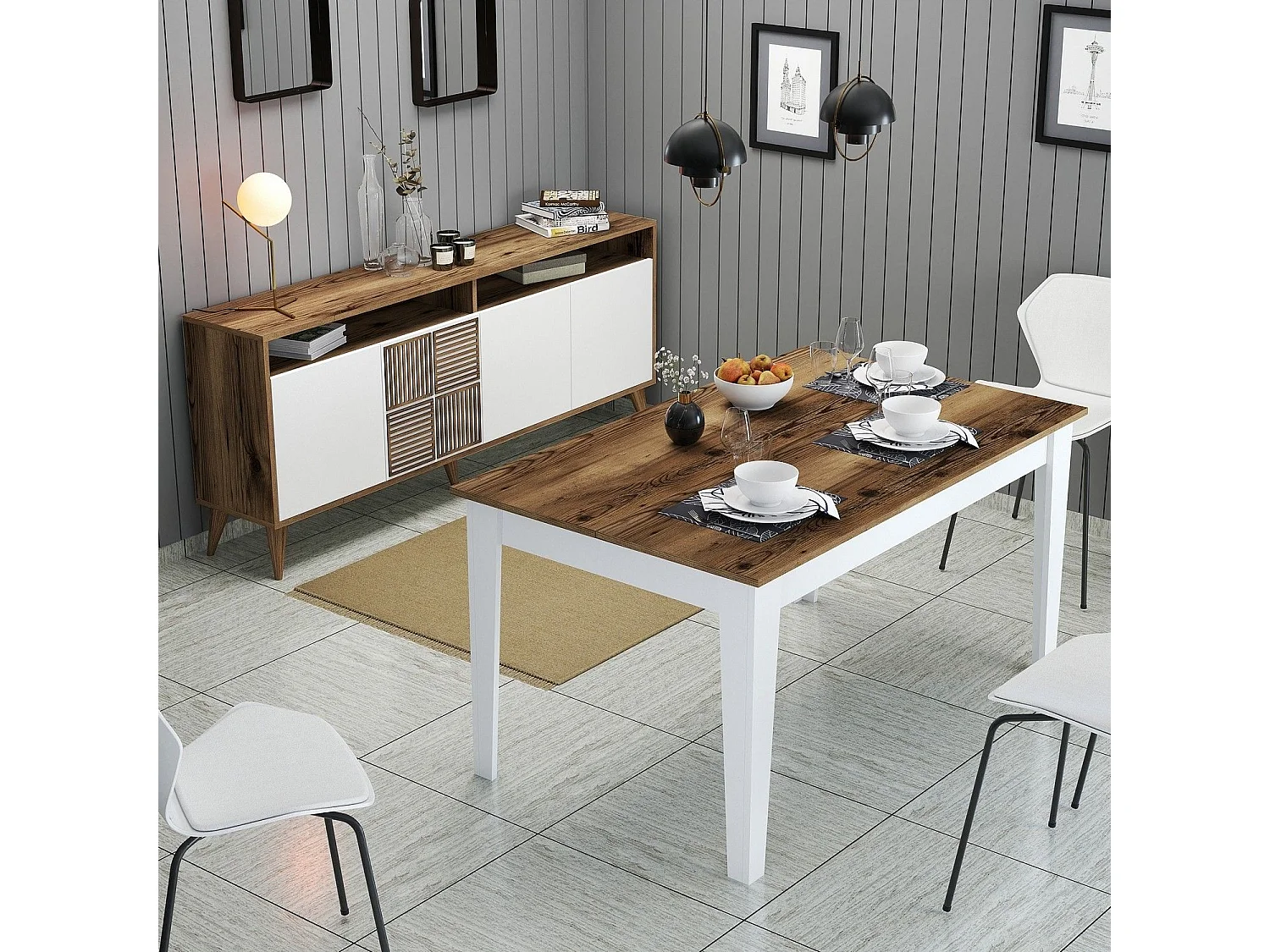 Conjunto de Mobiliário para Sala de Estar Milan 528 - Elegância em Nogueira e Branco