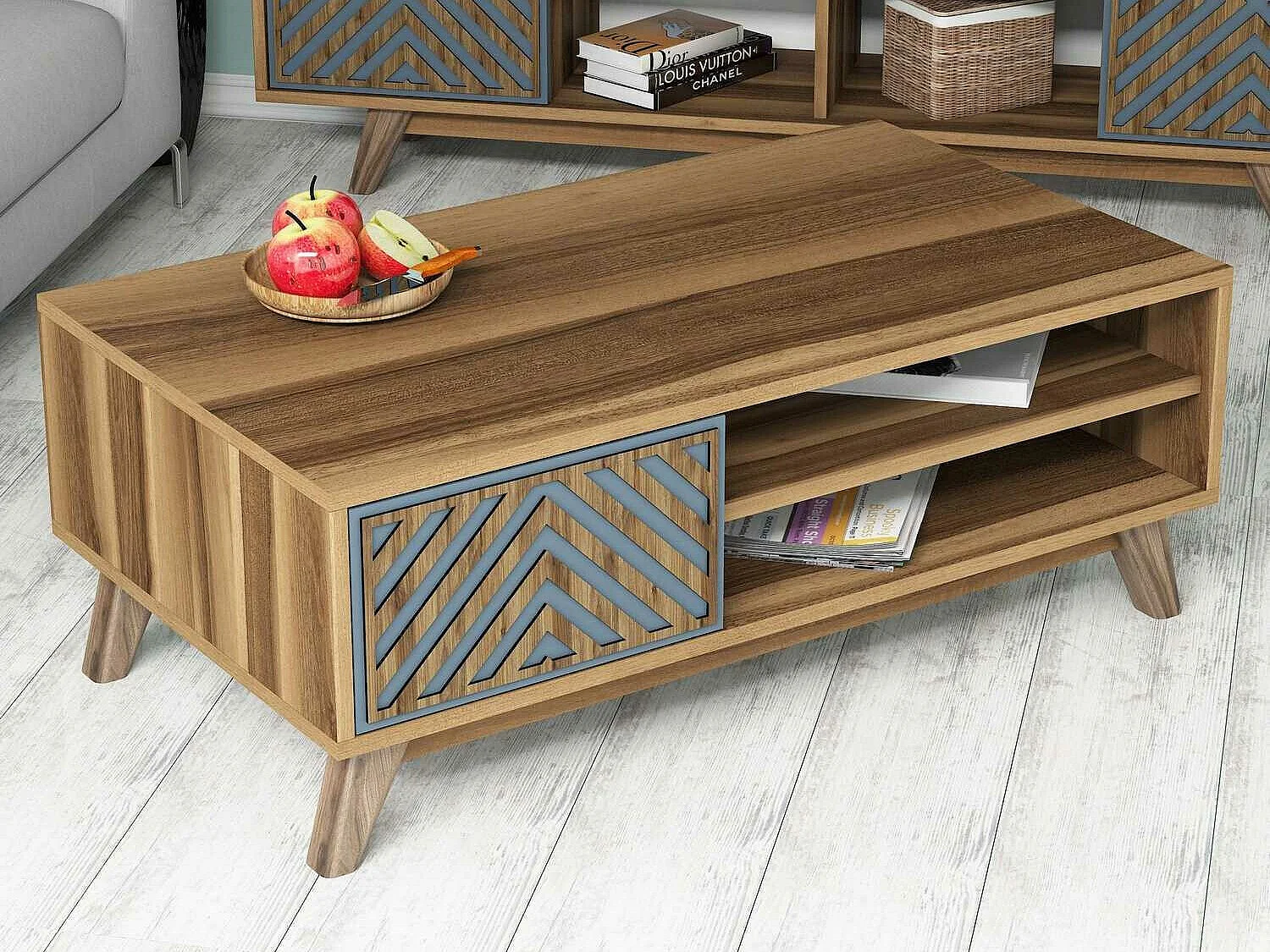 Mesa de café Kailua 1224, Nogal|Azul, 38x60x105cm, Aglomerado laminado, Angular