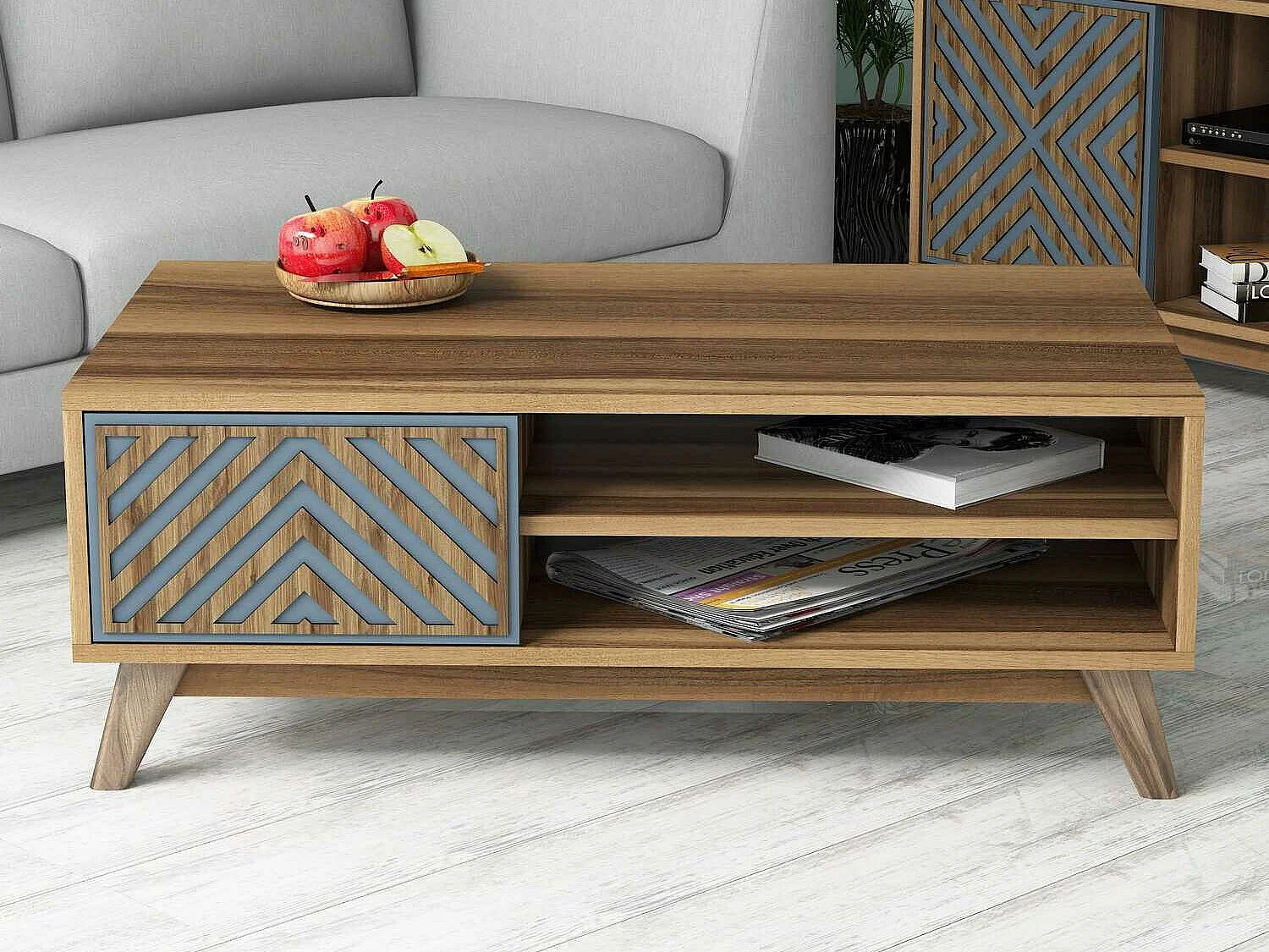 Mesa de café Kailua 1224, Nogal|Azul, 38x60x105cm, Aglomerado laminado, Angular