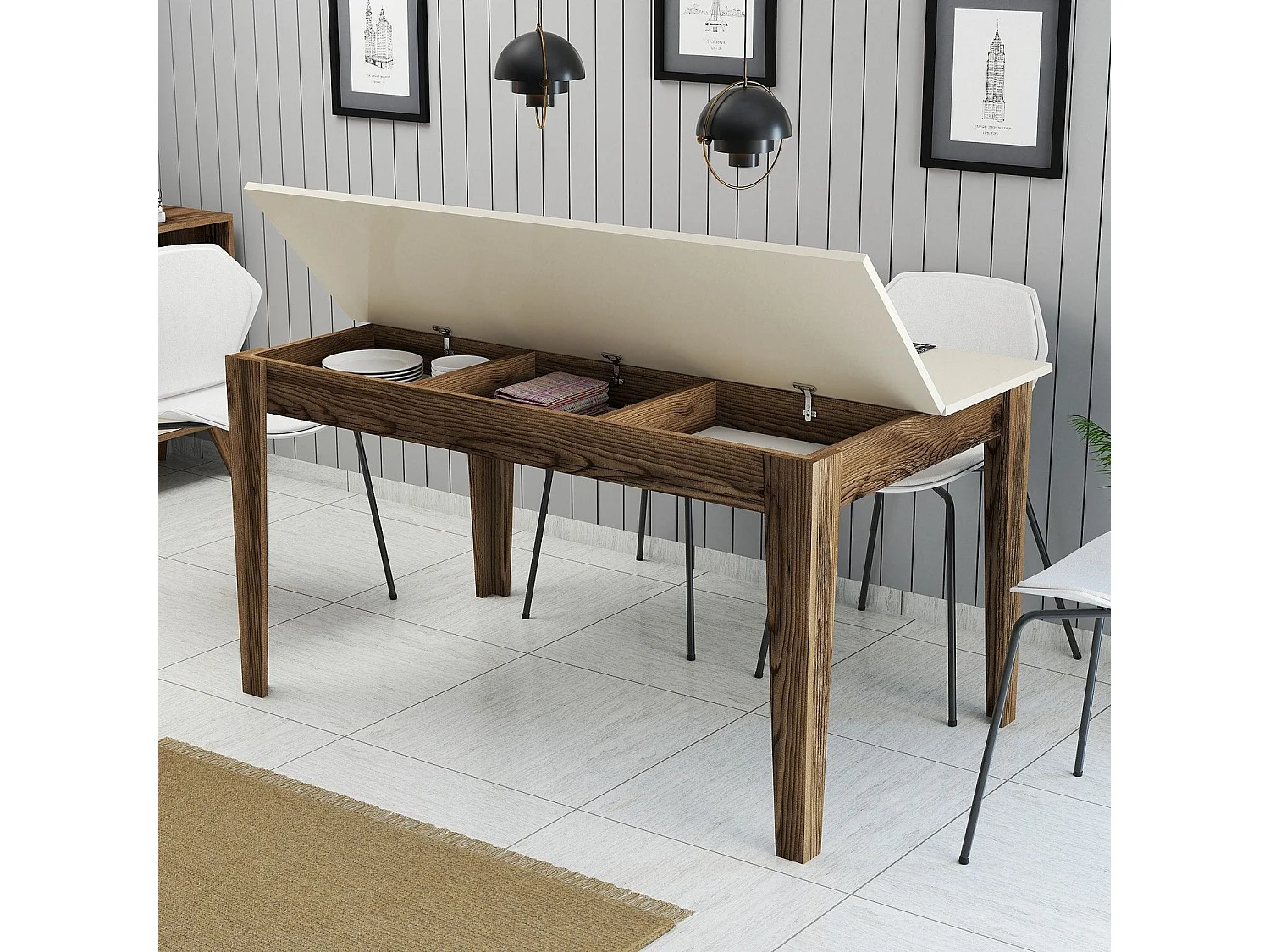 Mesa de Jantar Moderna "Milano" com Arrumação - Nogueira e Creme - 145x88x75 cm