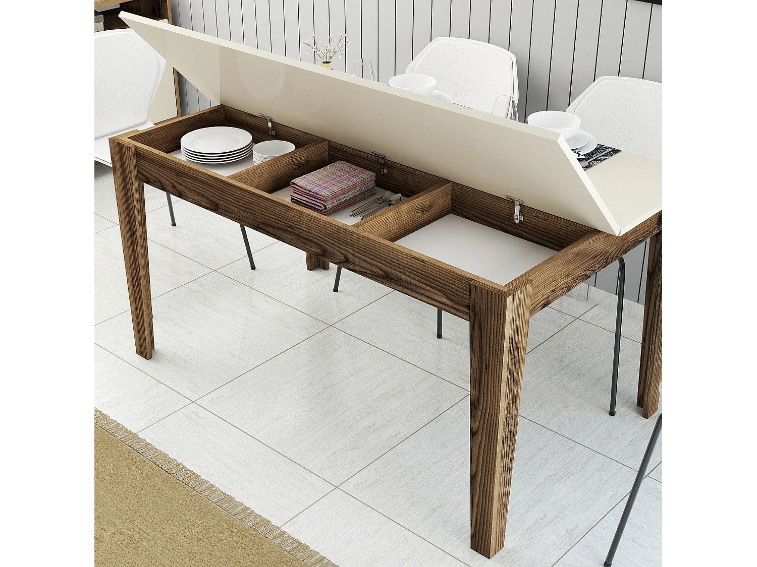 Mesa de Jantar Moderna "Milano" com Arrumação - Nogueira e Creme - 145x88x75 cm