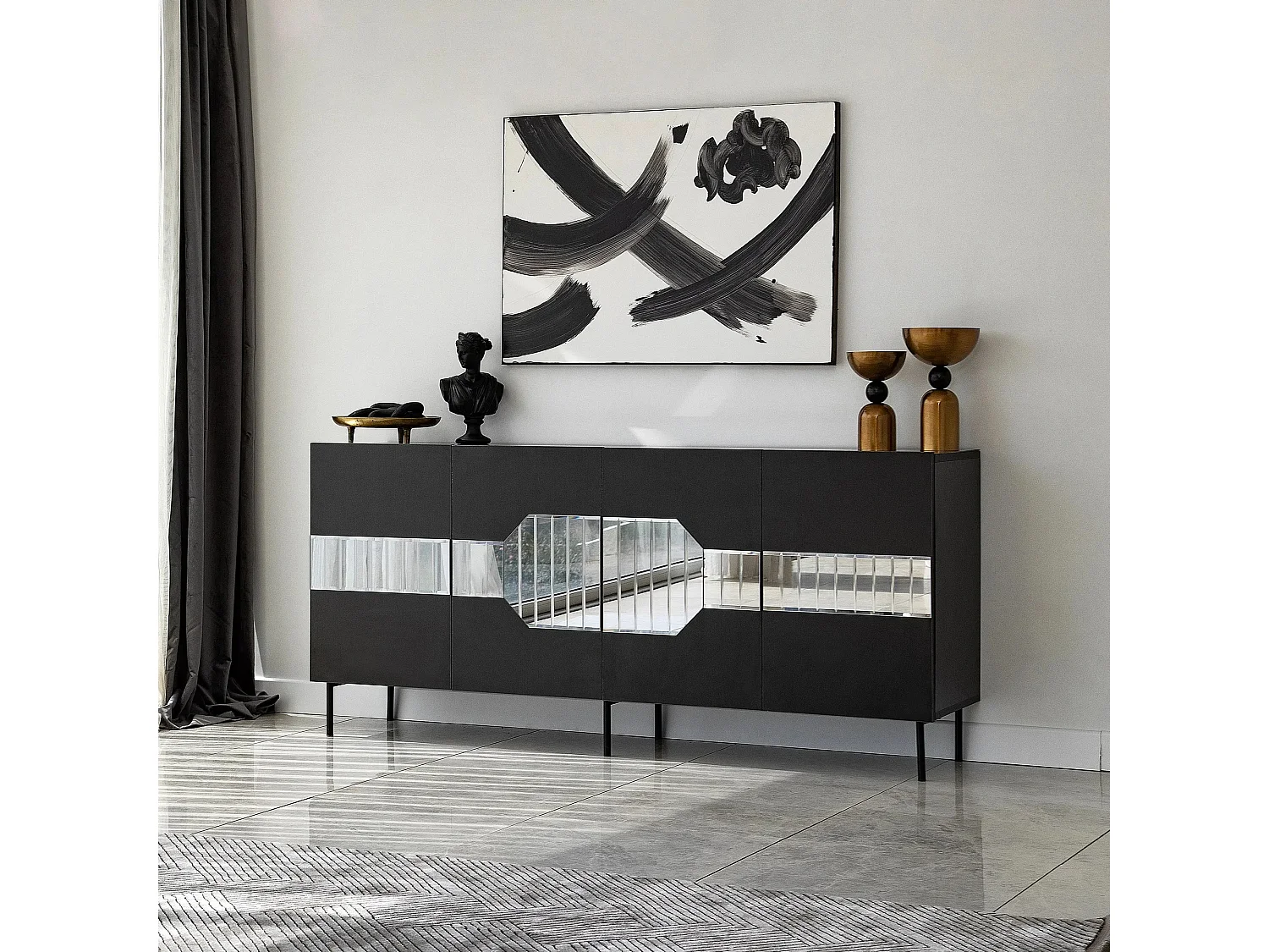 Buffet élégant, noir et fumé, 180 x 80 x 40 cm | Panneau de particules 100 % mélaminé, épaisseur 18 mm | Design moderne pour la maison et le bureau