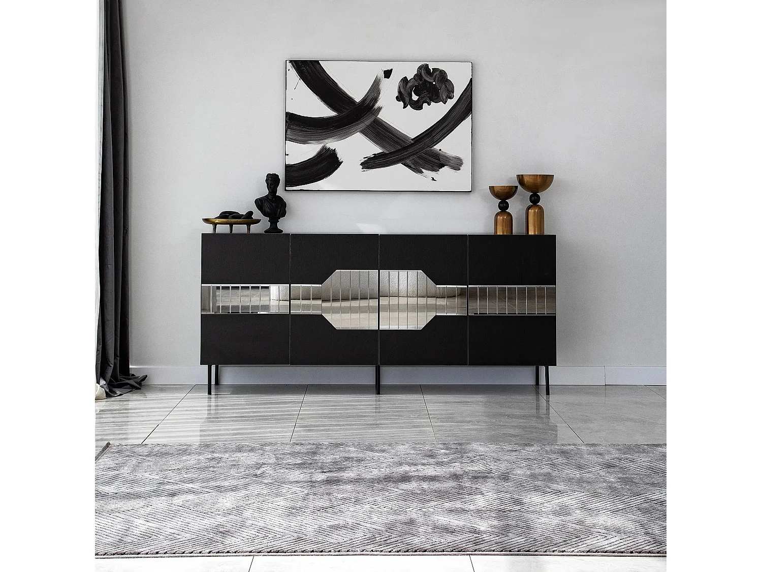 Buffet élégant, noir et fumé, 180 x 80 x 40 cm | Panneau de particules 100 % mélaminé, épaisseur 18 mm | Design moderne pour la maison et le bureau