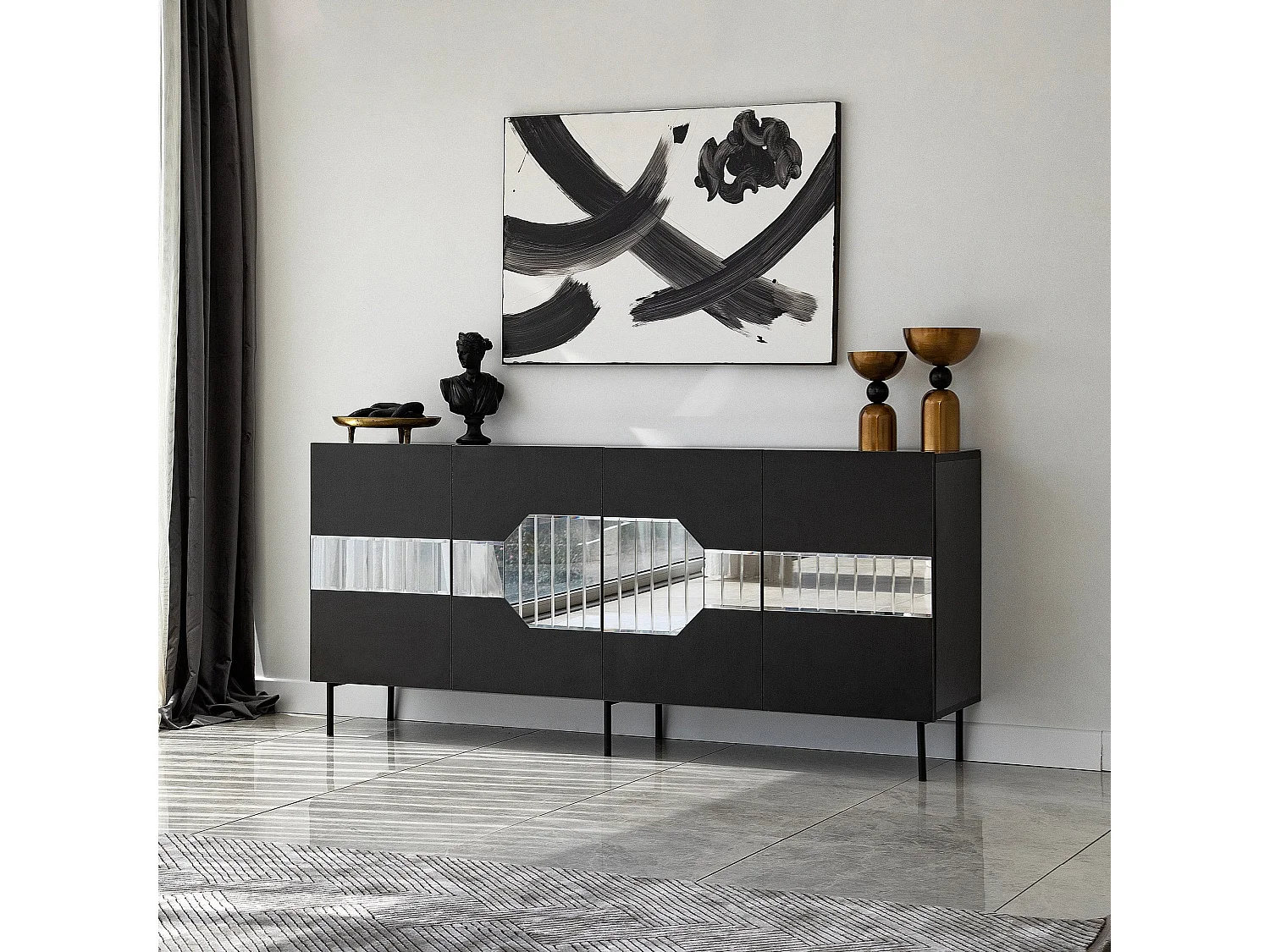 Buffet élégant, noir et fumé, 180 x 80 x 40 cm | Panneau de particules 100 % mélaminé, épaisseur 18 mm | Design moderne pour la maison et le bureau