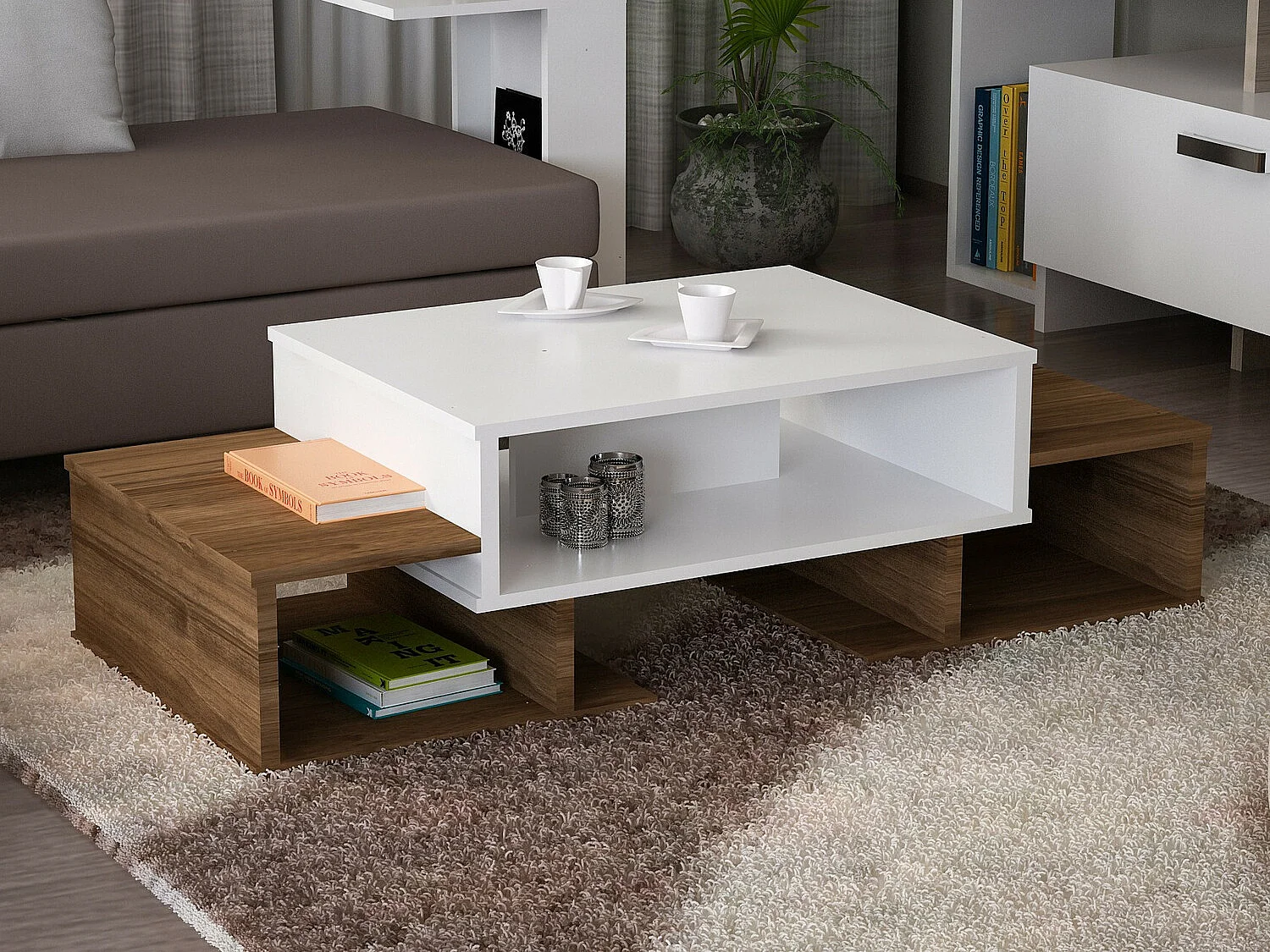 Mesa de Centro Escandinava Sarafina - Branco e Nogal para Elegância e Conforto