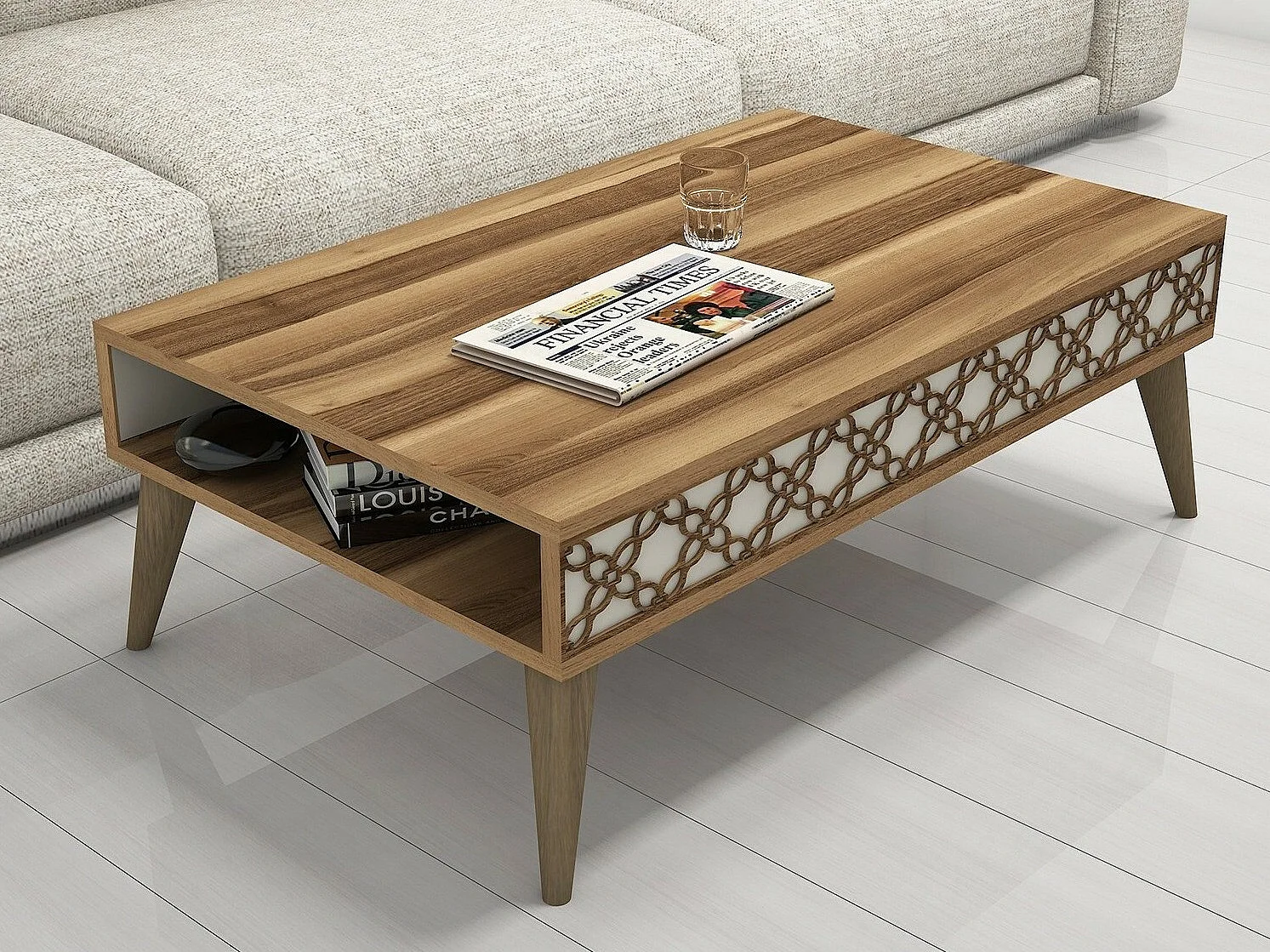 Tavolino da caffè Kailua 159, Crema|Noce, 37x60x105cm, Truciolare laminato, Angolare