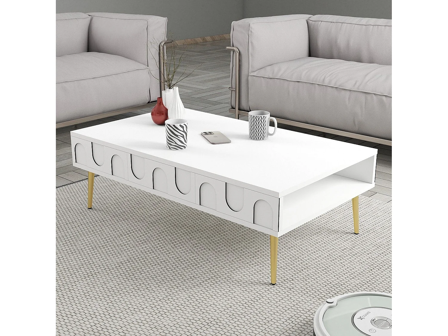 Mesa de Centro Lyon 33 - Elegante Branco e Dourado para sua Sala de Estar