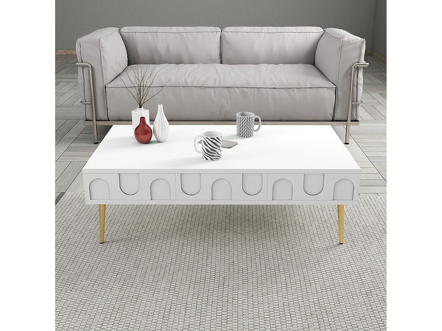 Mesa de Centro Lyon 33 - Elegante Branco e Dourado para sua Sala de Estar