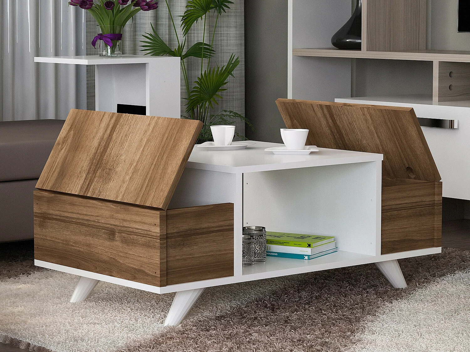 Mesa de Centro Escandinava Eriberto em Branco e Nogueira - Elegância e Funcionalidade