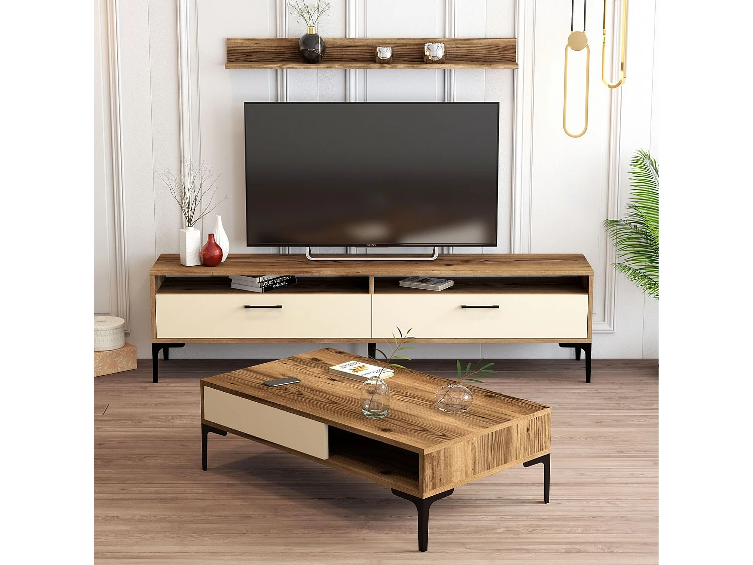 Conjunto de Mobiliário de Sala de Estar Istanbul em Nogueira e Creme