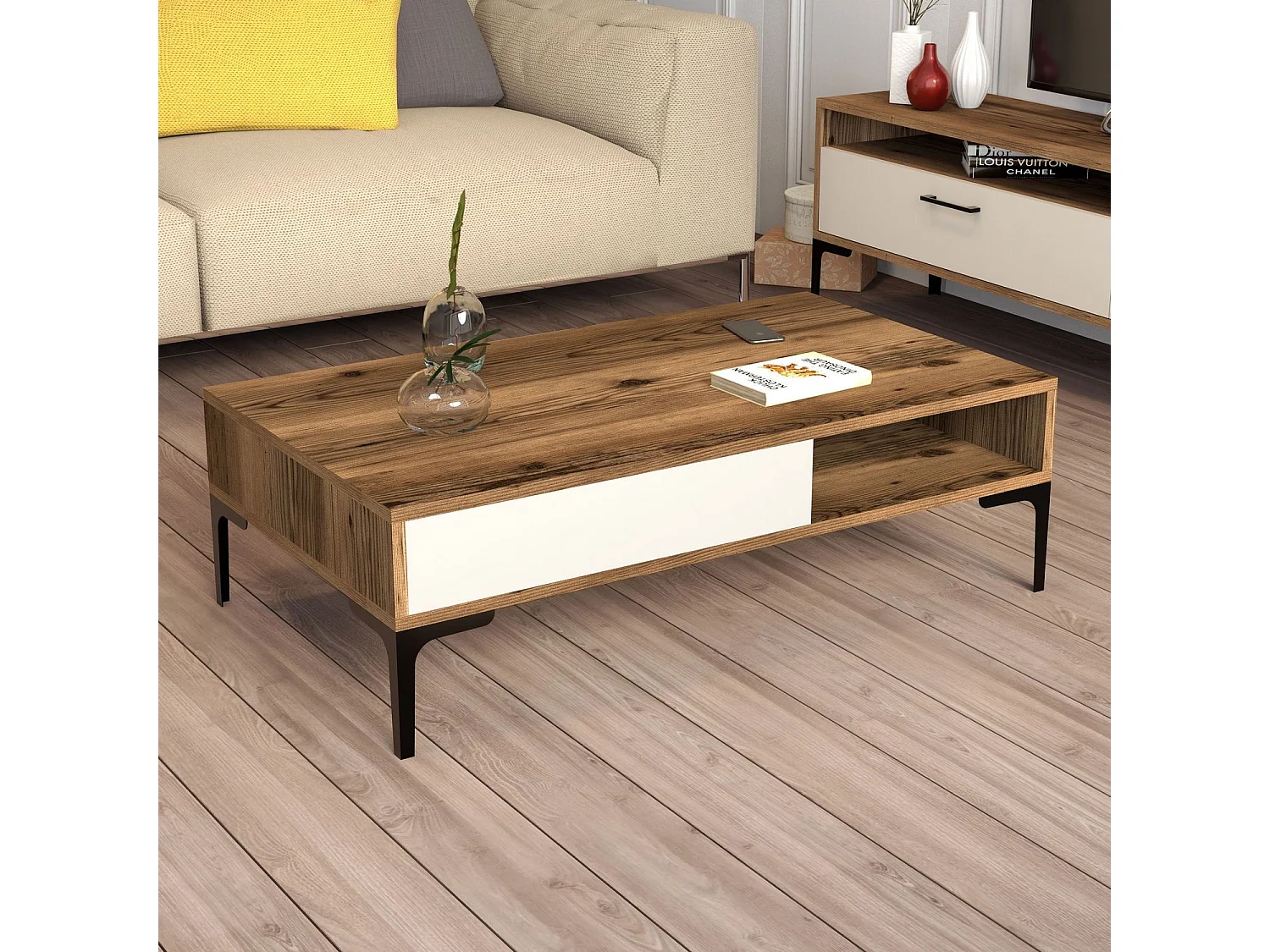 Conjunto de Mobiliário de Sala de Estar Istanbul em Nogueira e Creme