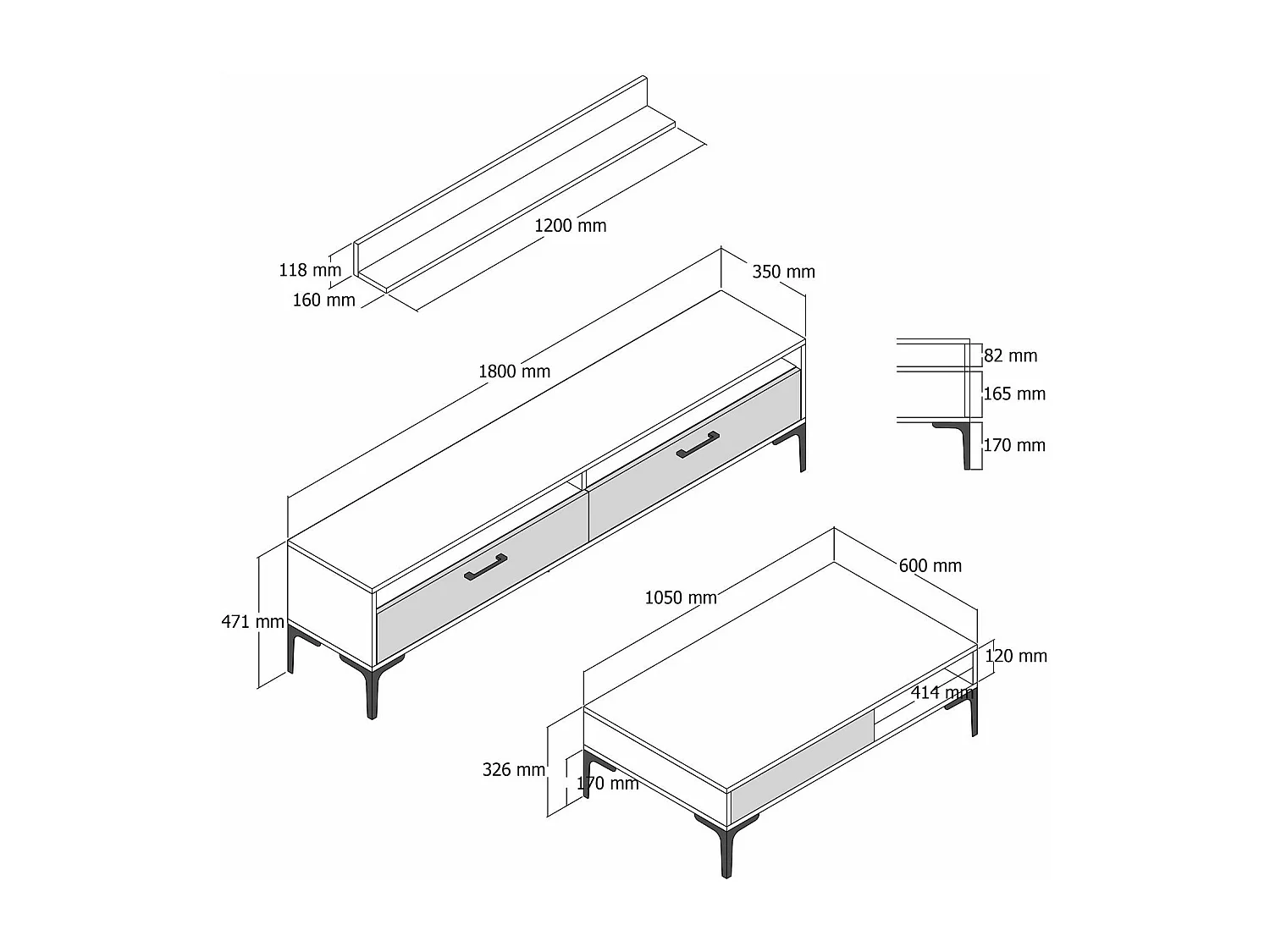 Meuble TV moderne 180cm avec table basse et étagère Varnus Bois et Crème