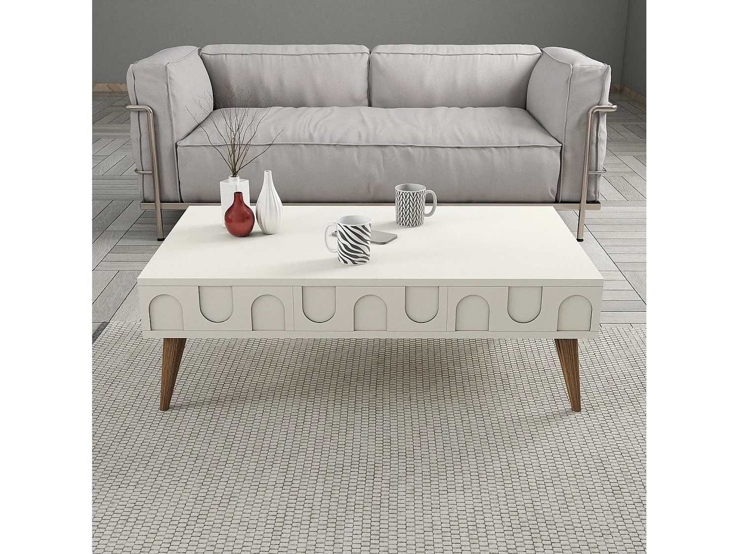 Table basse design Ponzay L105cm Crème et Bois foncé