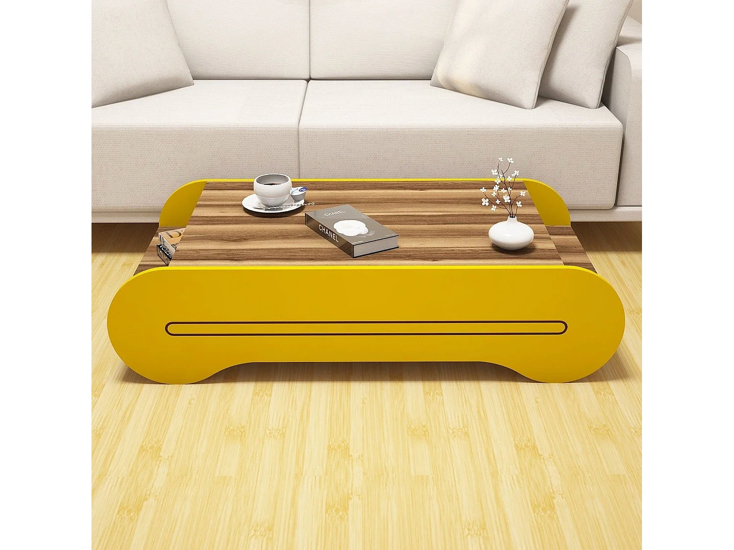 Mesa de Centro Boémia em Nogueira e Amarelo - Estilo e Funcionalidade