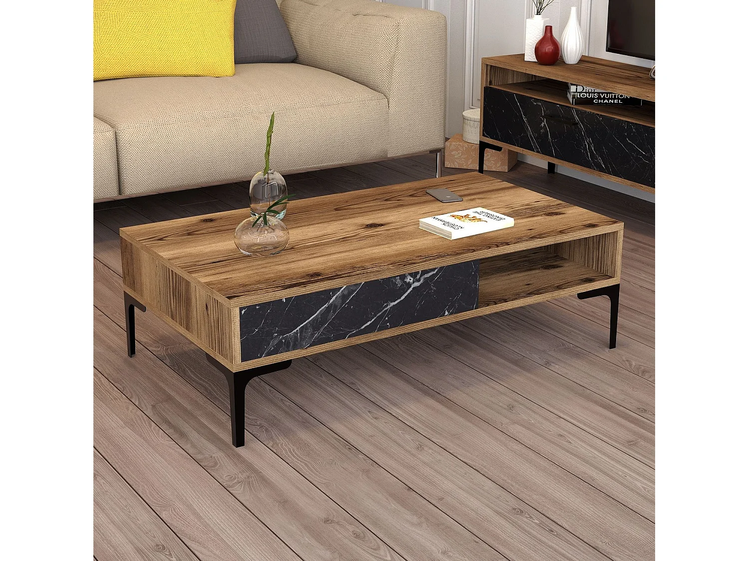 Mesa de café Kailua 1239, Mármol negro|Nogal, 33x60x105cm, Aglomerado laminado, Angular