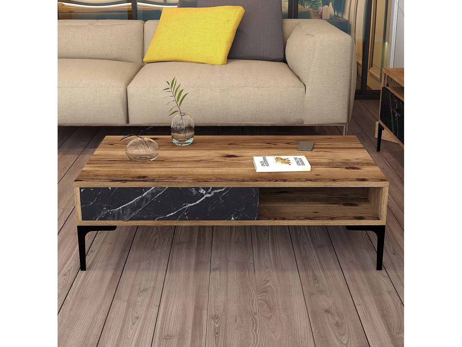 Mesa de café Kailua 1239, Mármol negro|Nogal, 33x60x105cm, Aglomerado laminado, Angular