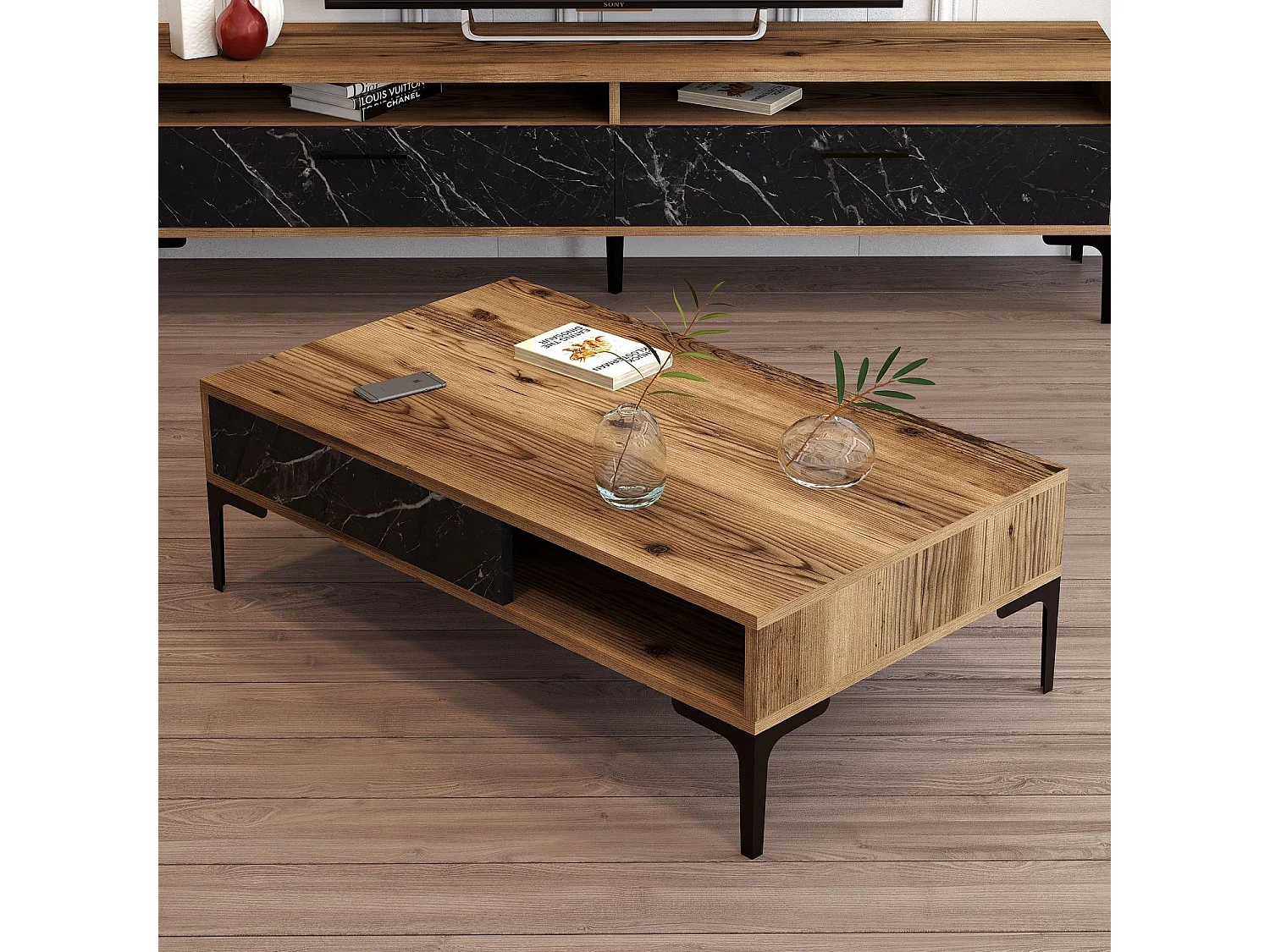 Tavolino da caffè Kailua 1239, Marmo nero|Noce, 33x60x105cm, Truciolare laminato