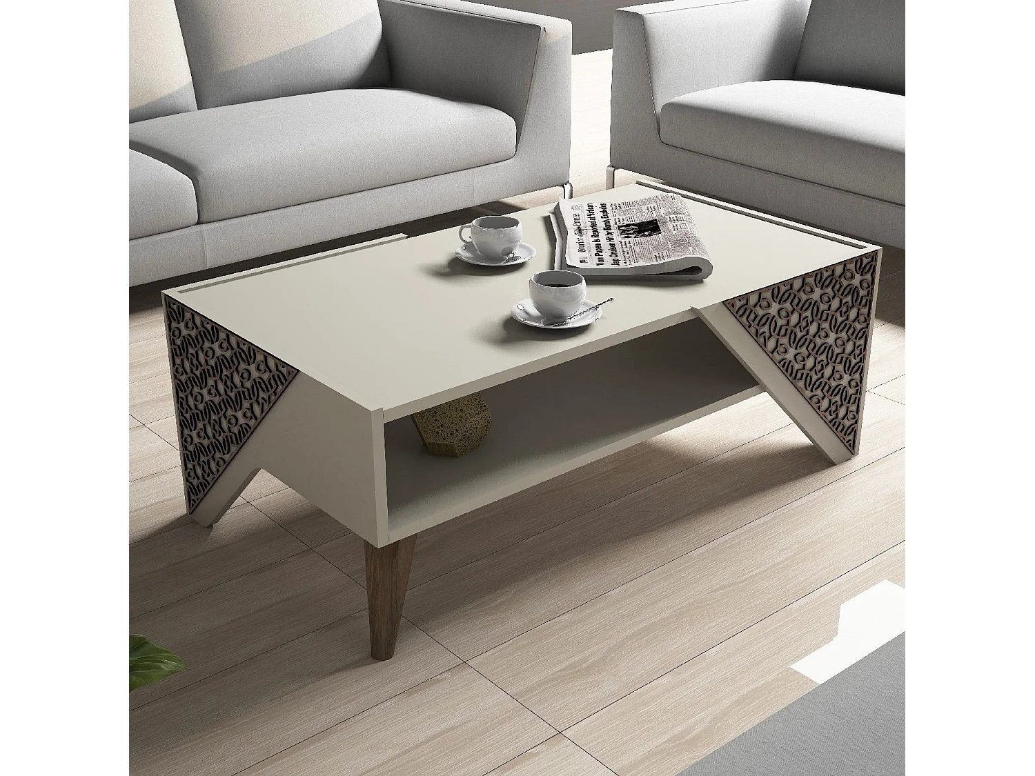 Mesa de café Kailua 1375, Crema|Luminoso madera, 40x58x105cm, Aglomerado laminado