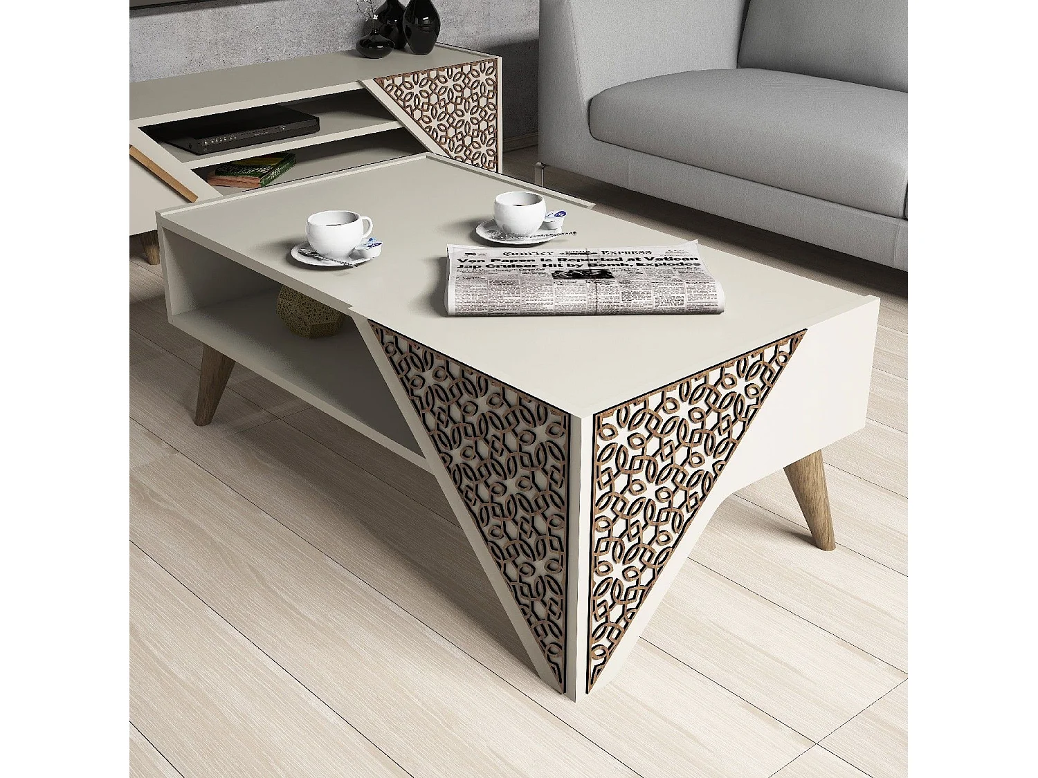 Table basse Forces Motif Arabesque Bois et Blanc créme